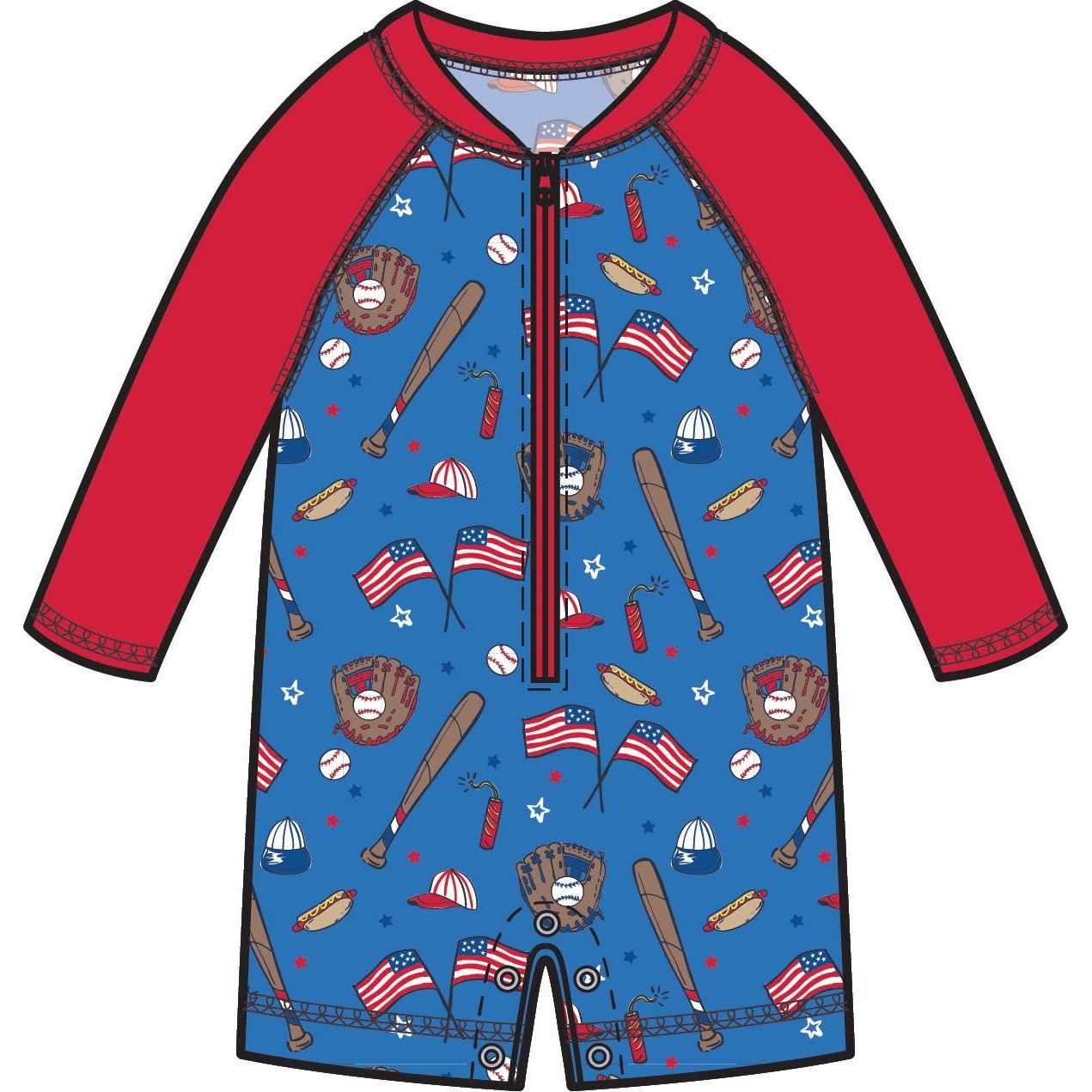 Baby Boys Blue Stars & Strikes Baseball Long Sleeve One Piece Rash Guard Swimsuit