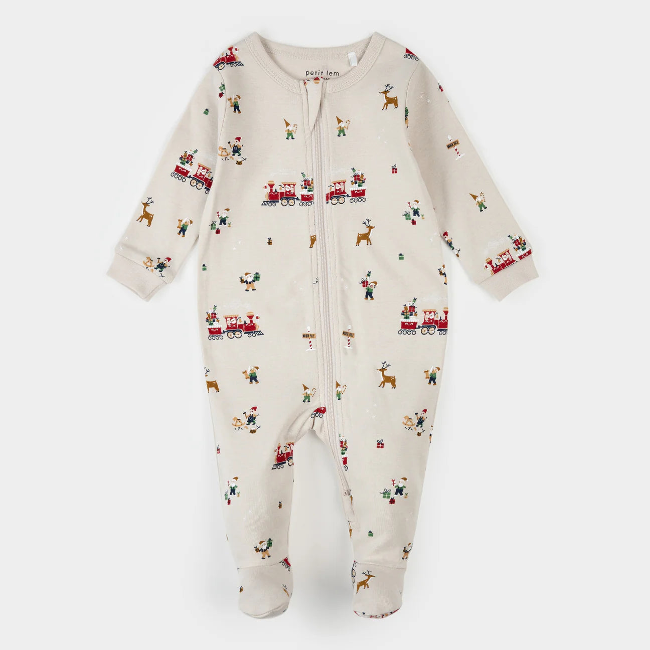FOOTED SLEEPER KNIT-BEIGE SANTAS TRAIN