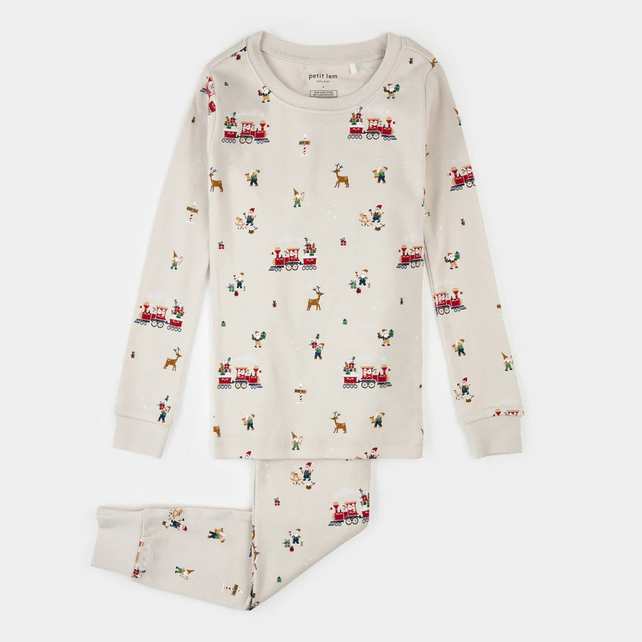 2PC PJ SET: L/S TOP + PANT KNIT-BEIGE CHRISTMAS TRAIN