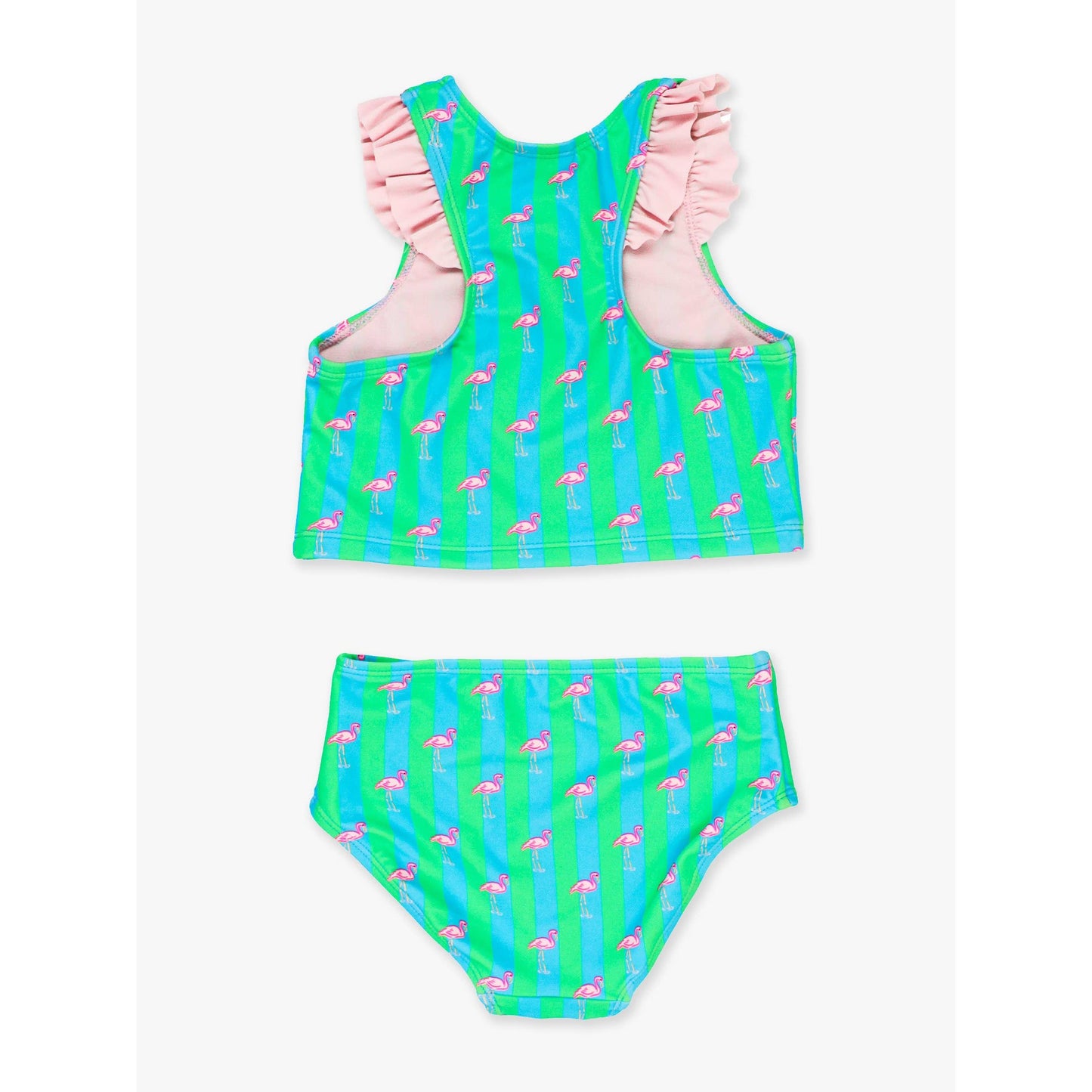 Girls Neon Flamingo Stripe Racerback Flutter Tankini 2-Piece Swimsuit