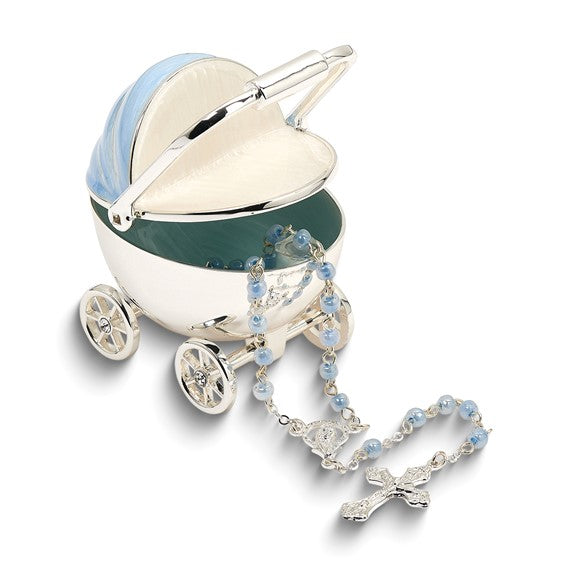 Silver-tone Baby Boy Carriage Keepsake Box and Rosary