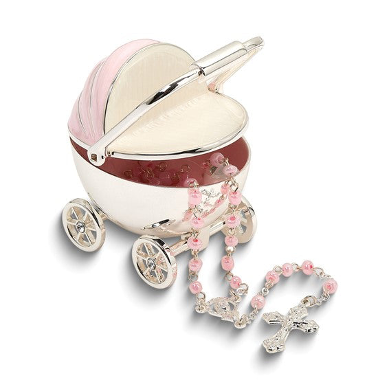 Children's Silver-tone Pink Enameled Baby Carriage Keepsake Box and Rosary Set