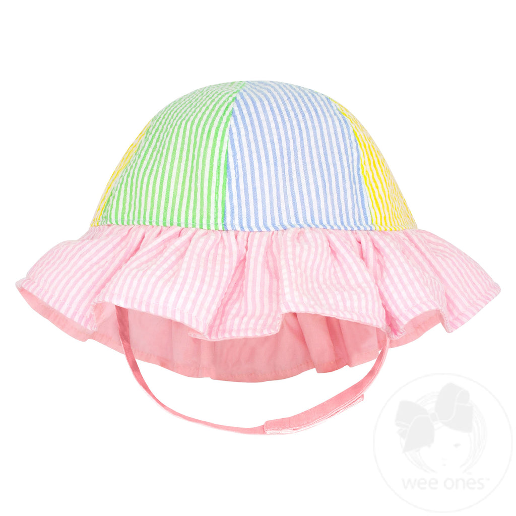 Color Block Seersucker Ruffle Brim Hat with Straps