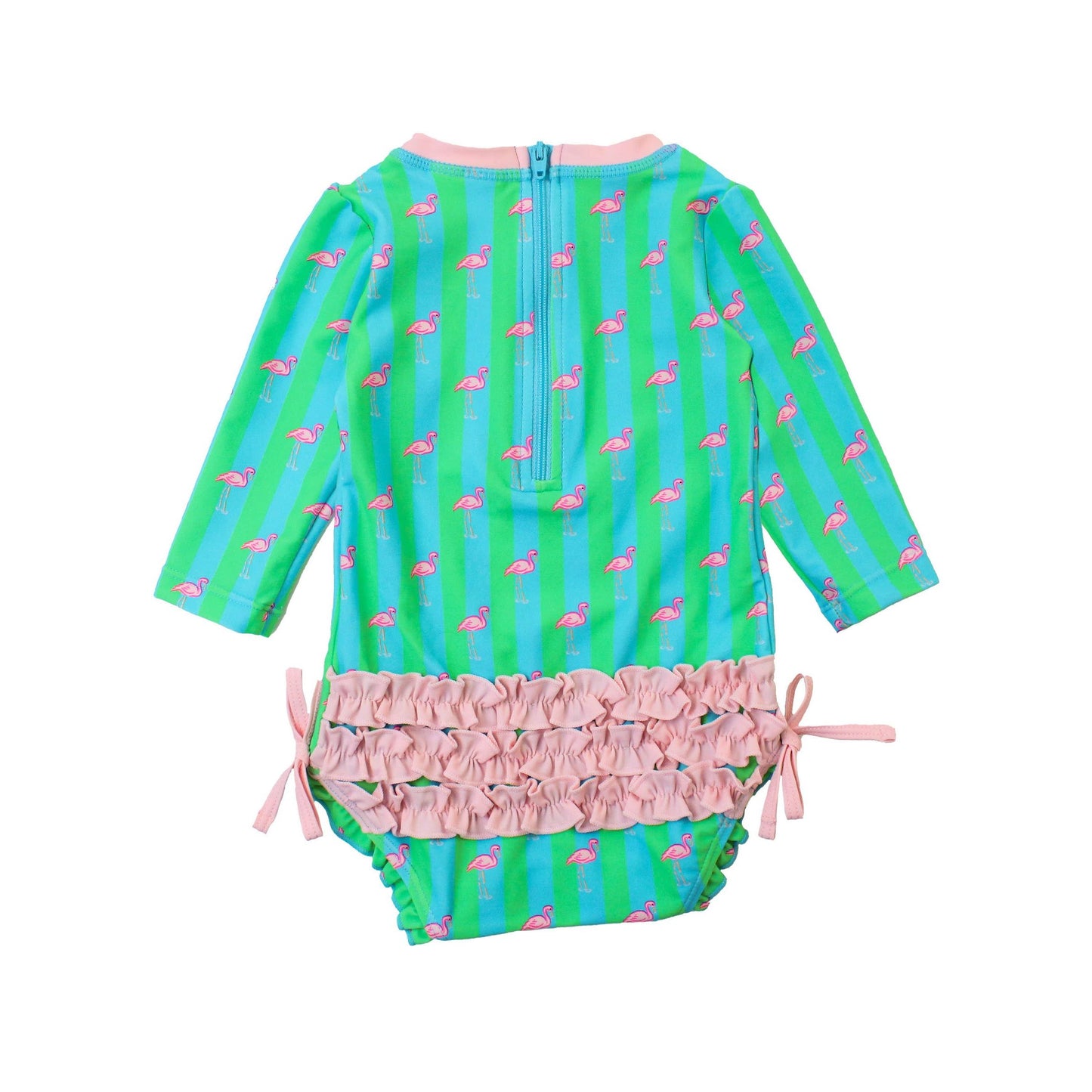 Baby Girls Neon Flamingo Stripe Long Sleeve One Piece Rash Guard Swimsuit with Signature Rear Ruffles