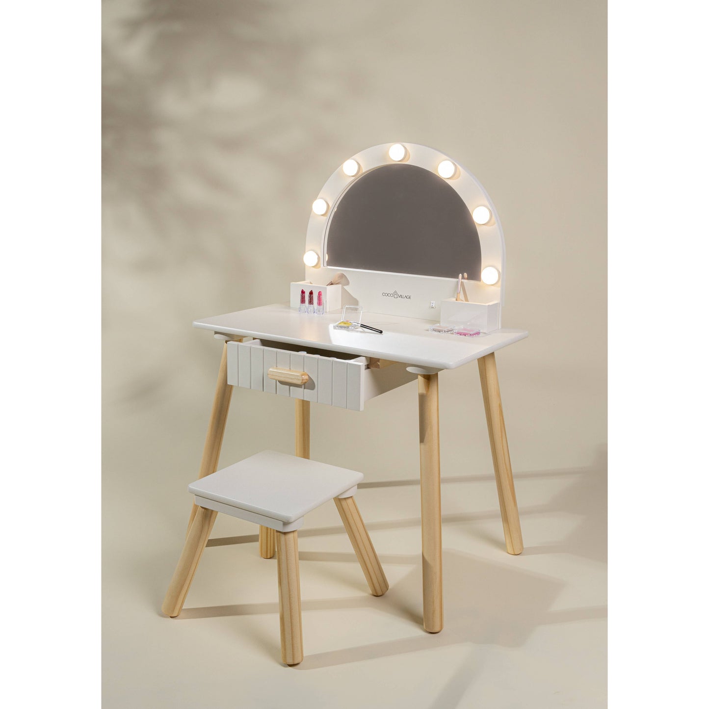 Wooden Play Vanity with Lighted Mirror & stool