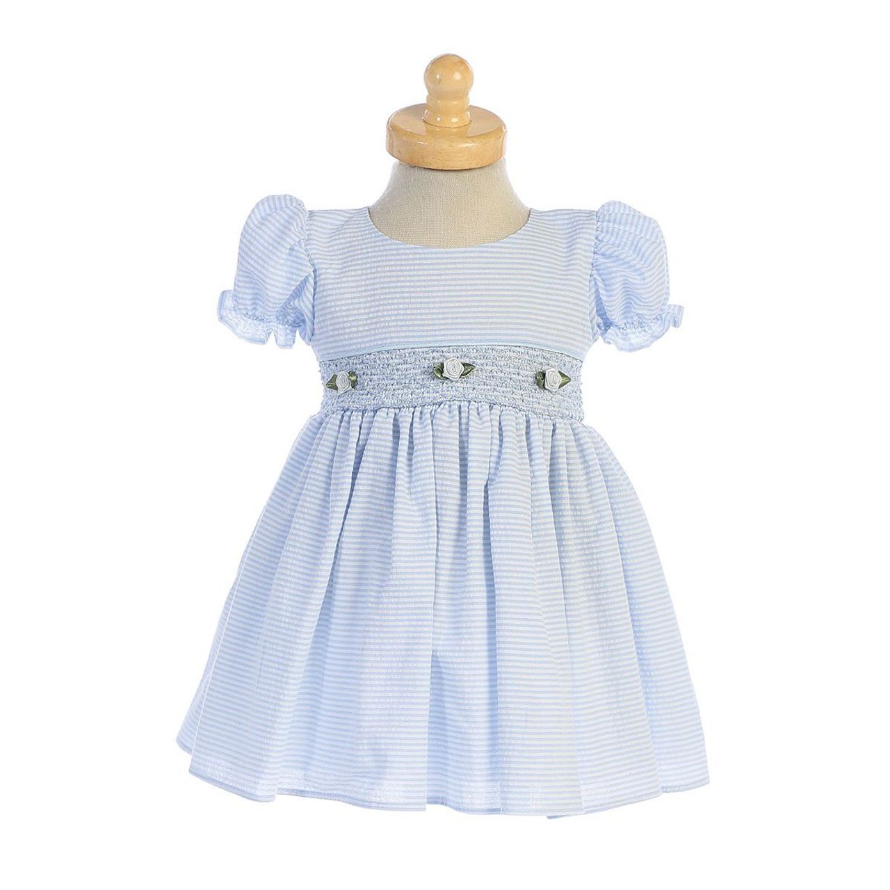 Light Blue Cotton Seersucker Dress w/ Smocked Waist