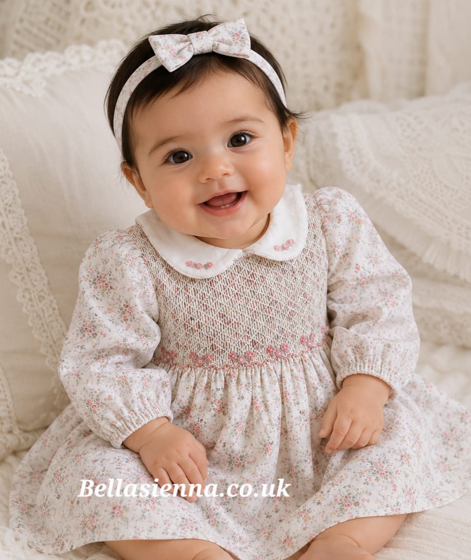 Ivory & Pink Floral Hand Smocked Dress