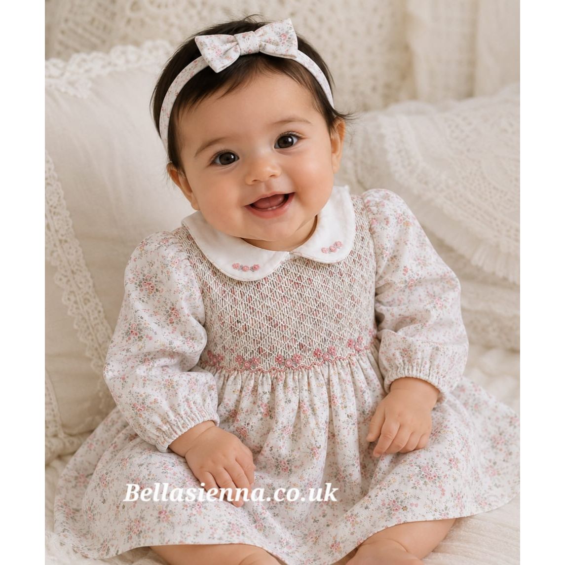 Ivory & Pink Floral Hand Smocked Dress
