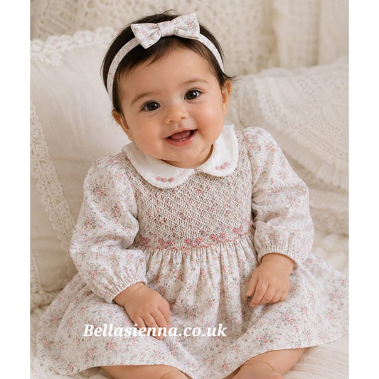 Ivory & Pink Floral Hand Smocked Dress