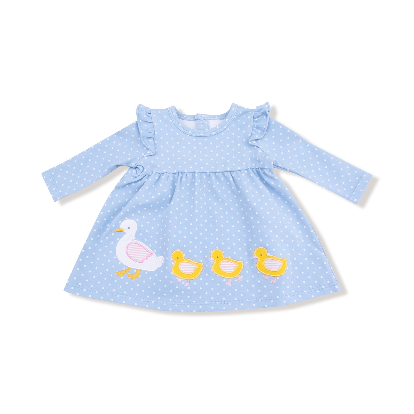 Organic Cotton Jersey - L/S Dress with Diaper Cover Chambray Blue Dot with Duck Family Applique