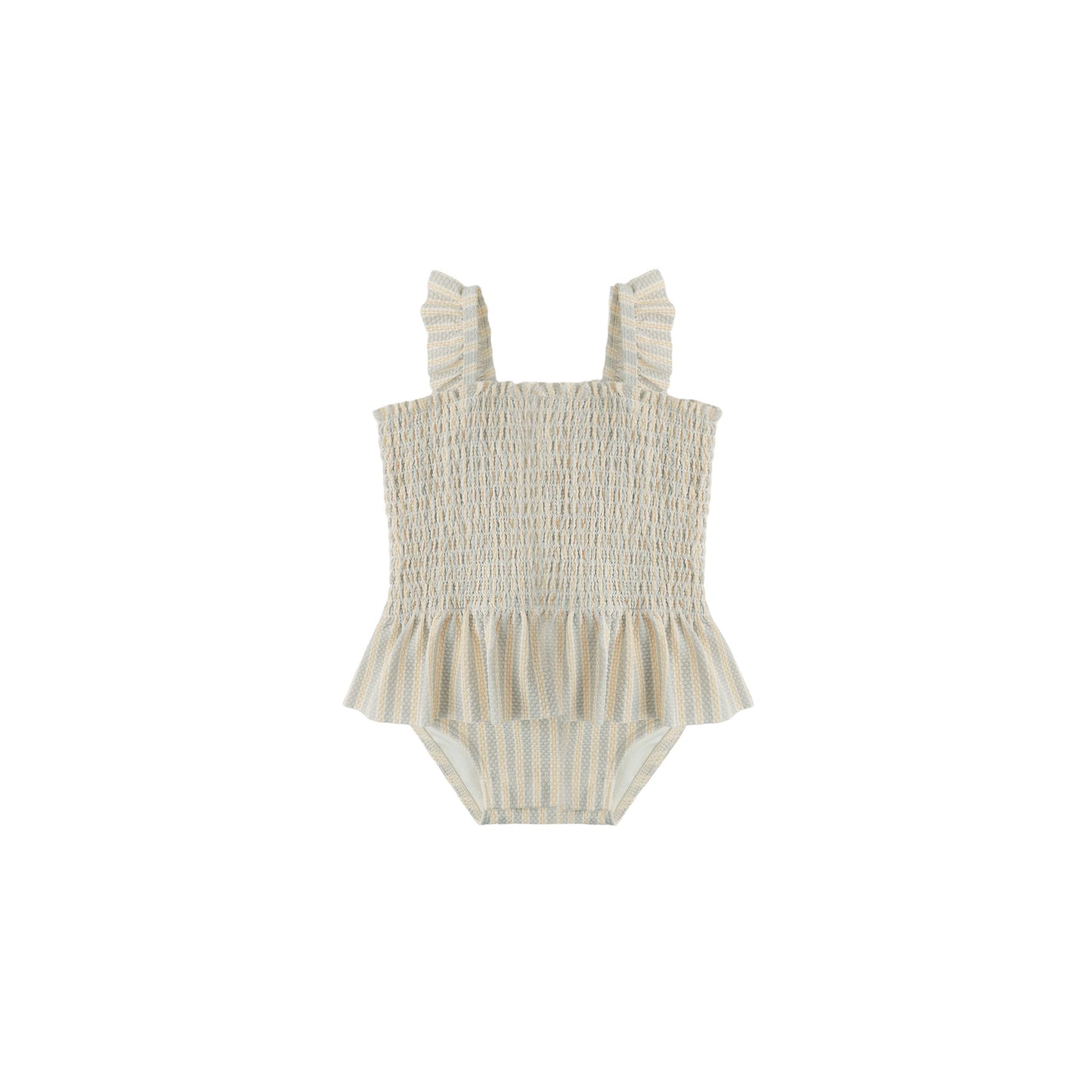 SMOCKED ONE-PIECE SWIMSUIT BLUE + BUTTERSCOTCH STRIPE