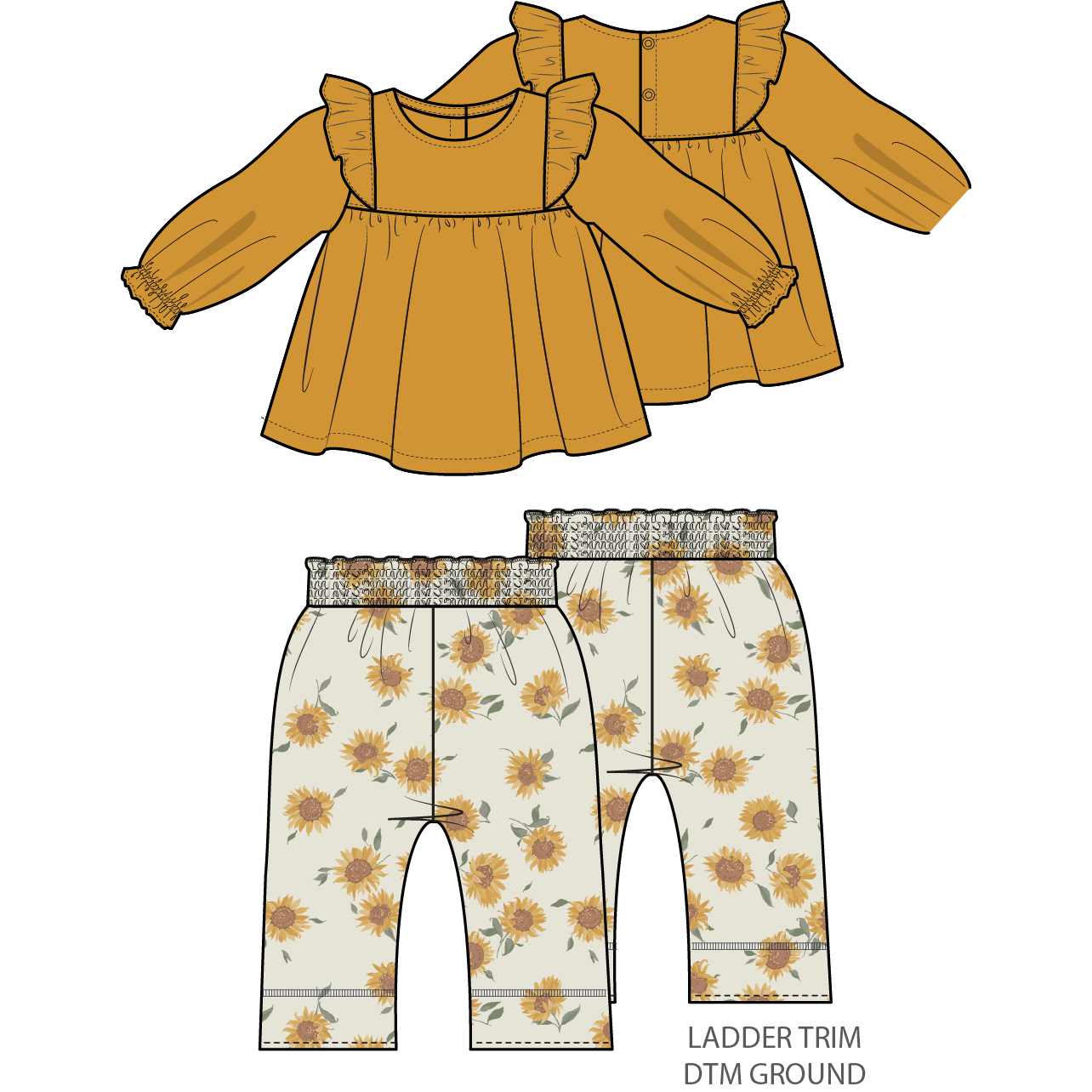 Baby Sunflower - Long Sleeve Ruffle Tunic and Smocked Waist Pant