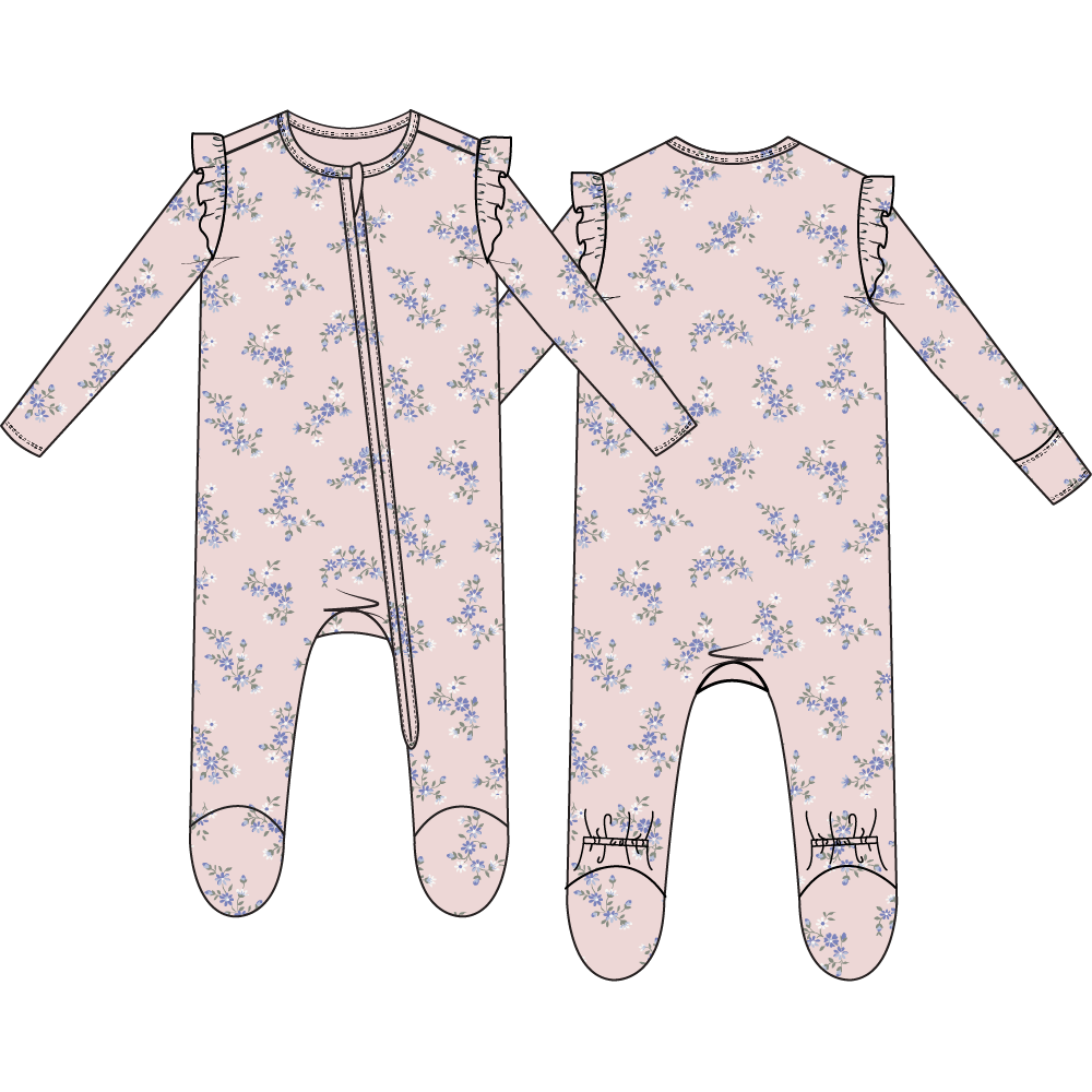 Sweet Hanna Floral Velour - 2 Way Ruffle Sleeve Zipper Footie