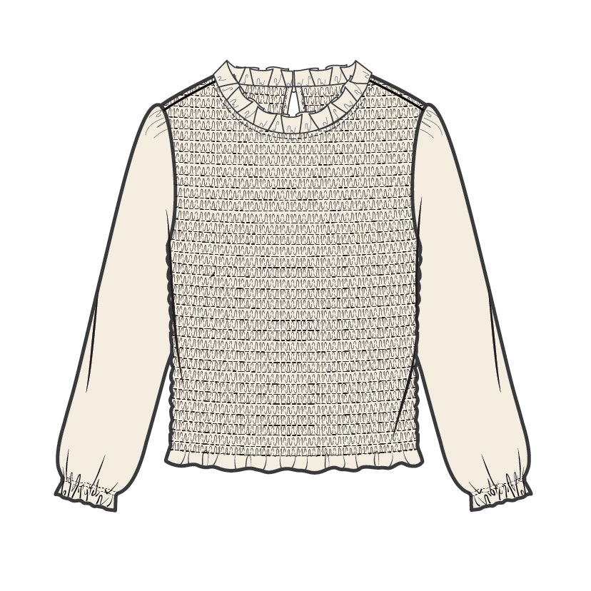 L/S TOP WITH SMOCKING KNIT-OFF WHITE
