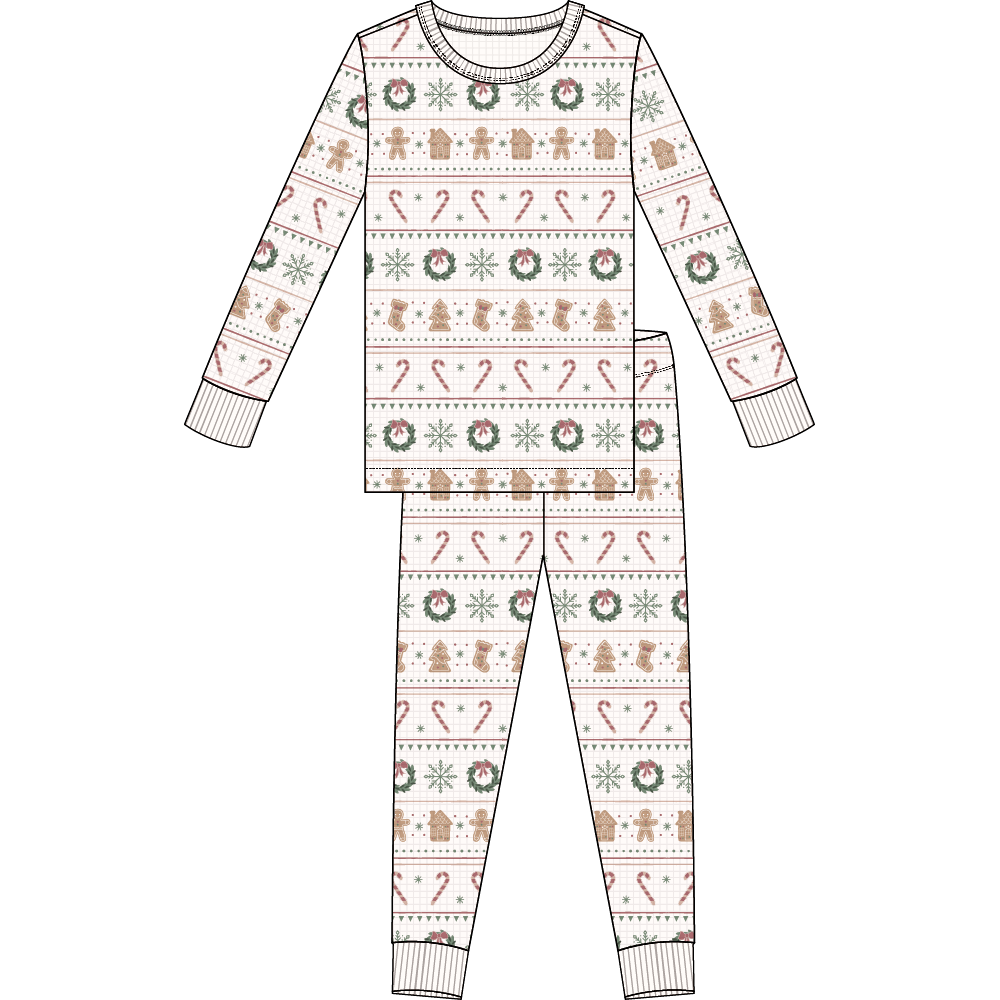 2PC PJ SET: L/S TOP + PANT KNIT-OFFWHITE HOLIDAY WREATHS