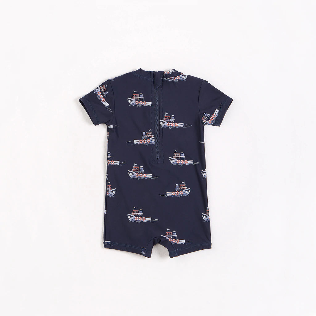Tugboats Print on Navy Baby Rashguard Swimsuit
