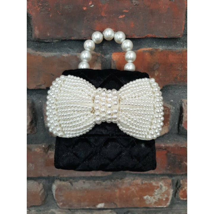 Quilted Velvet Purse w/Pearl Bow Asst Colors
