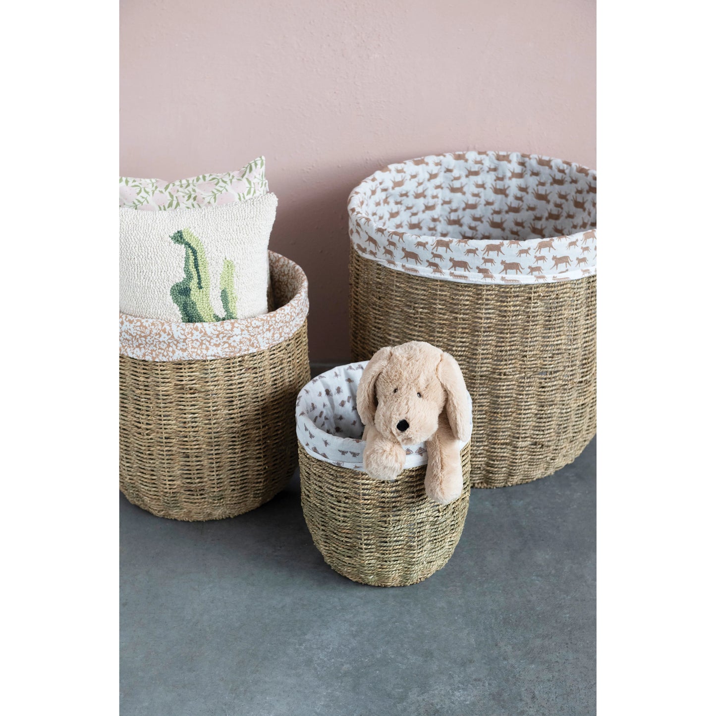 Hand-Woven Grass Laundry Baskets with Patterned Cotton Lining