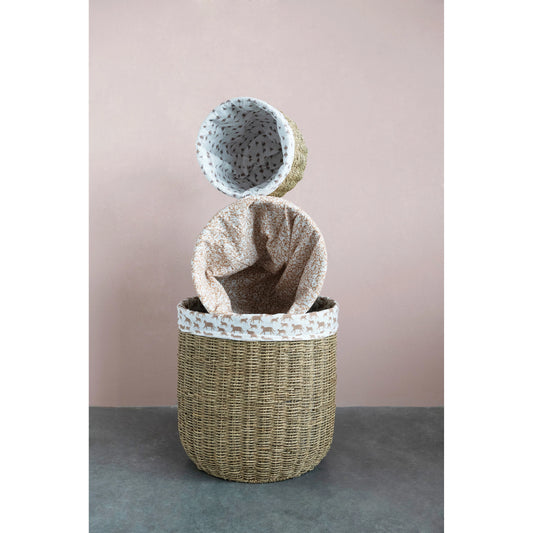 Hand-Woven Grass Laundry Baskets with Patterned Cotton Lining