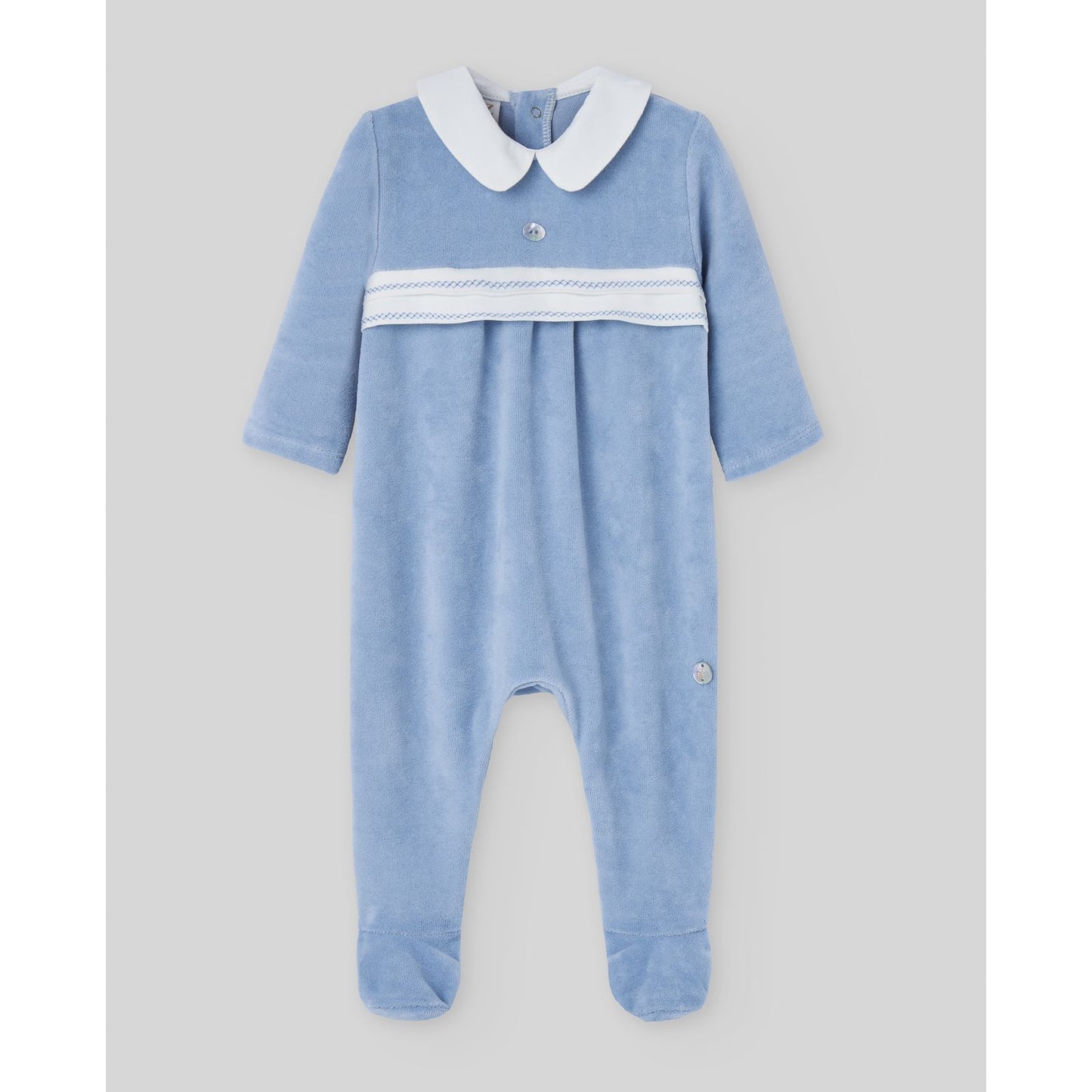 Boys Blue Velour White Round Collared Footie