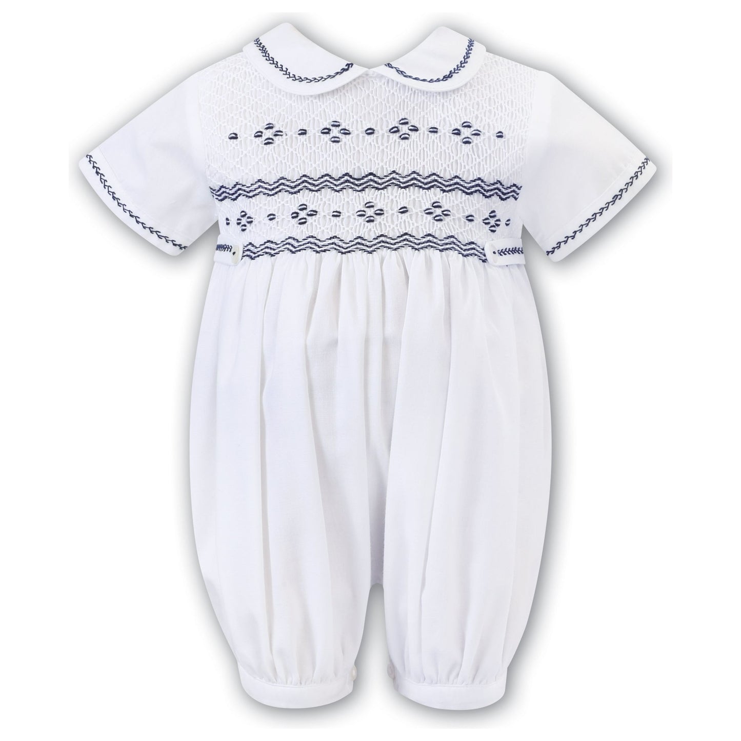 Blue w/White or White/Navy Hand Smocked Romper