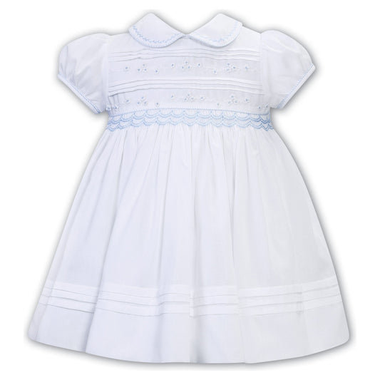Hand Smocked White Dress/Blue Trim