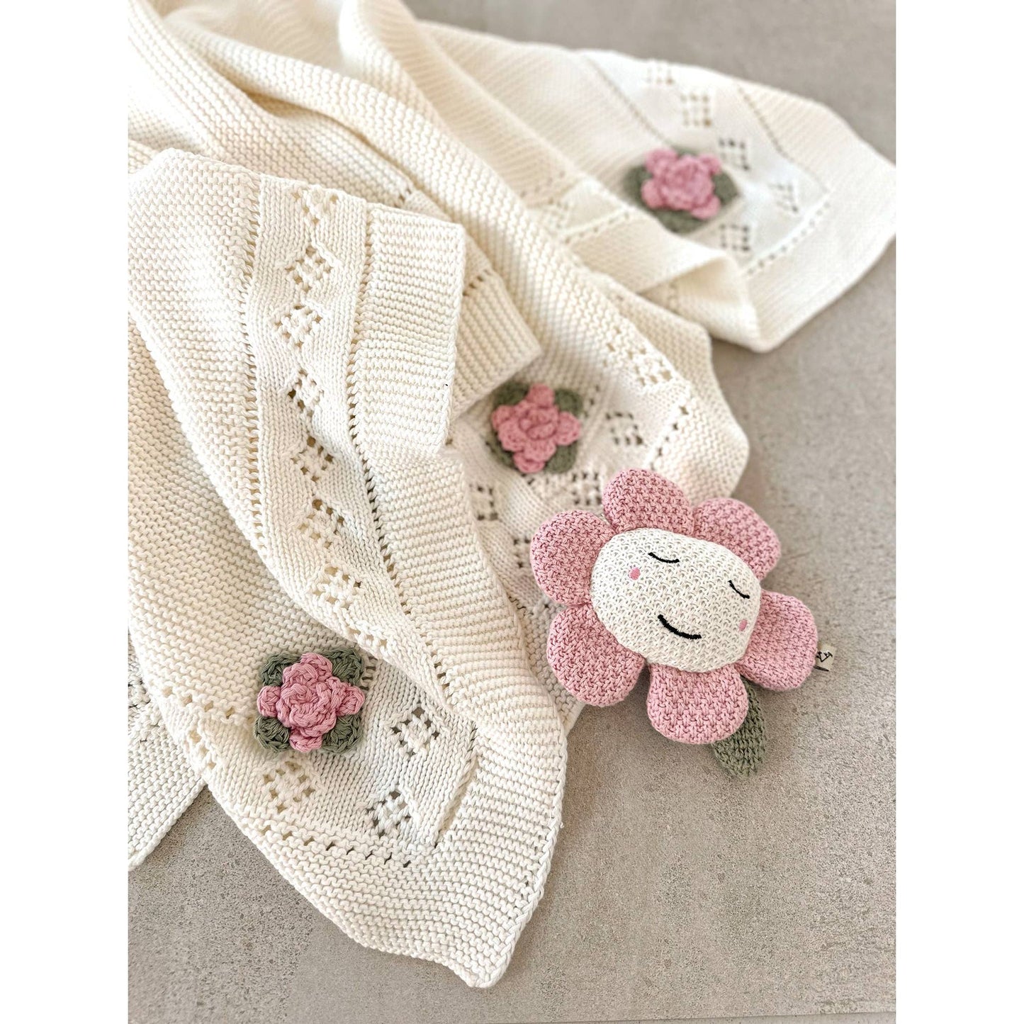 Flower Pointelle Knit Baby Blanket & Flower Rattle Gift Set