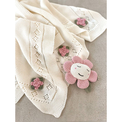 Flower Pointelle Knit Baby Blanket & Flower Rattle Gift Set