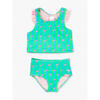 Girls Neon Flamingo Stripe Racerback Flutter Tankini 2-Piece Swimsuit