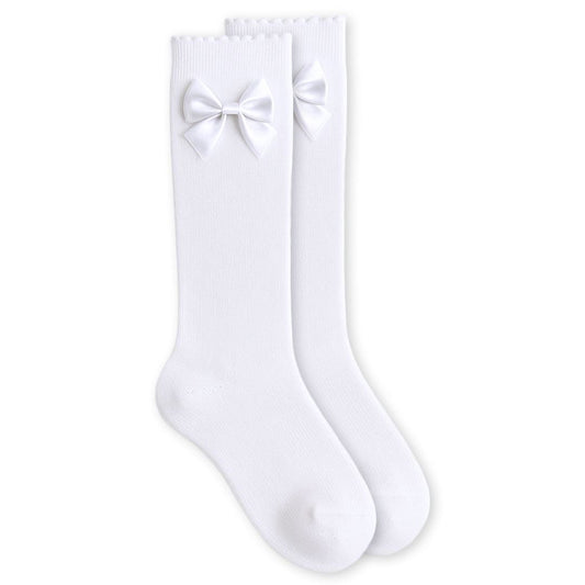 Satin Bow Scalloped Top Cotton Knee High Socks
