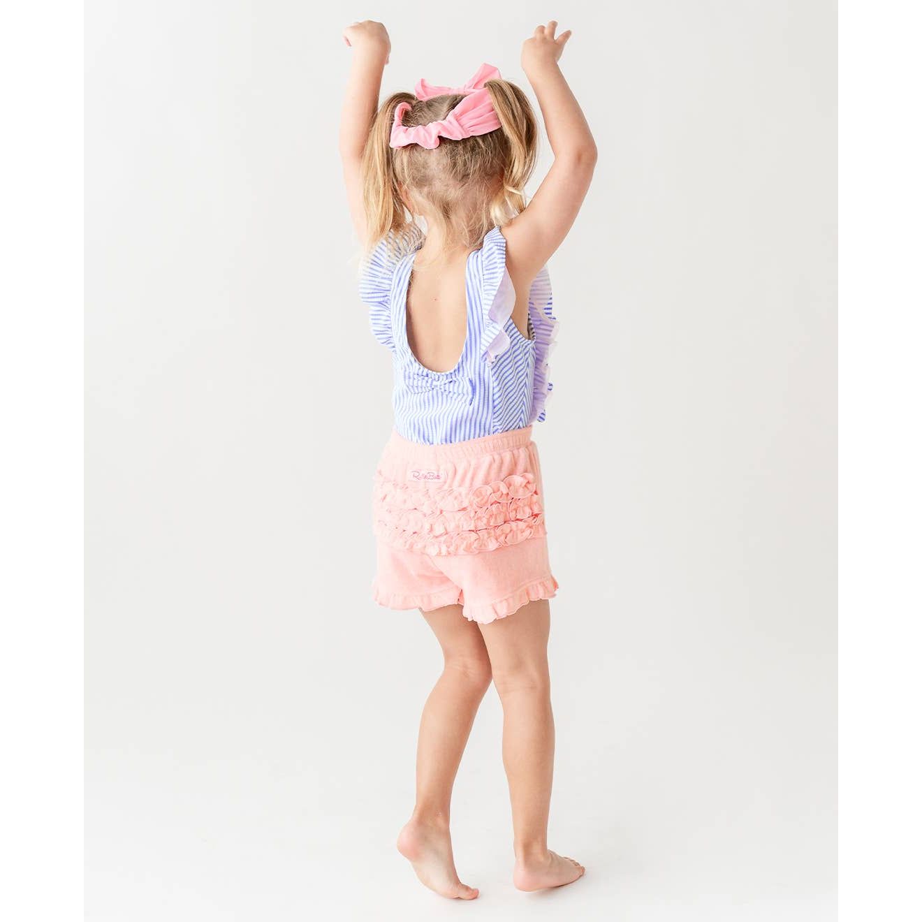 Girls Periwinkle Blue Seersucker Waterfall One Piece Swimsuit