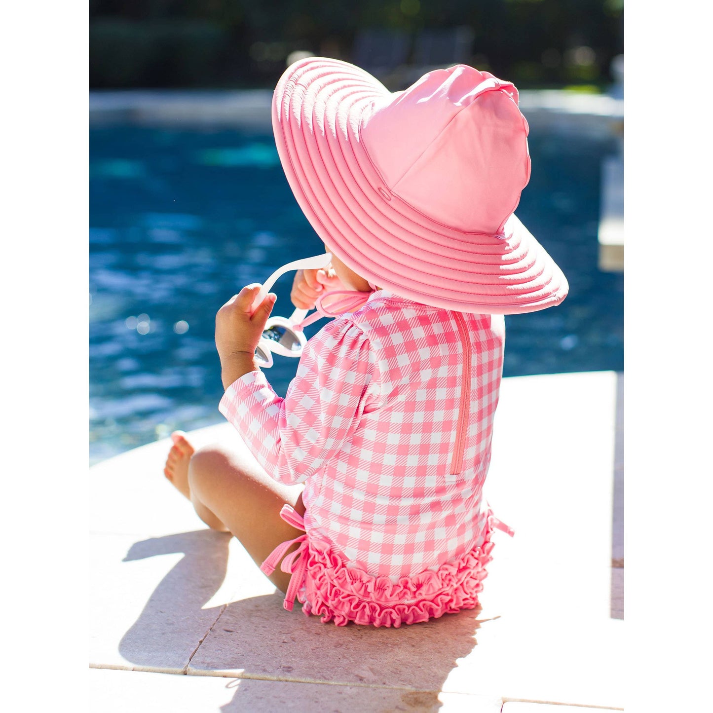 Baby Girls Bubblegum Gingham Long Sleeve One Piece Rash Guard Swimsuit with Signature Rear Ruffles