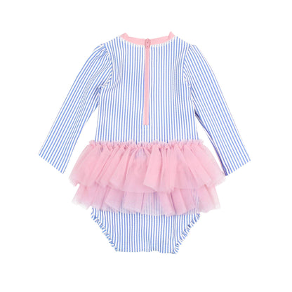 Baby Girls Periwinkle Blue Seersucker Tulle Skirted One Piece Rash Guard Swimsuit