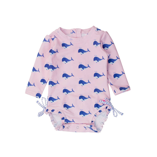 Baby Girls Pink Whale Friends Long Sleeve One Piece Rash Guard Swimsuit with Signature Rear Ruffles