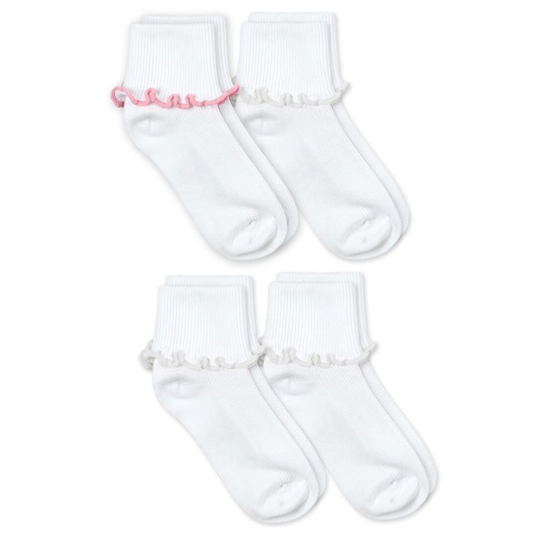 Ripple Edge Smooth Toe Turn Cuff Socks 2 Pair Pack Pink/White