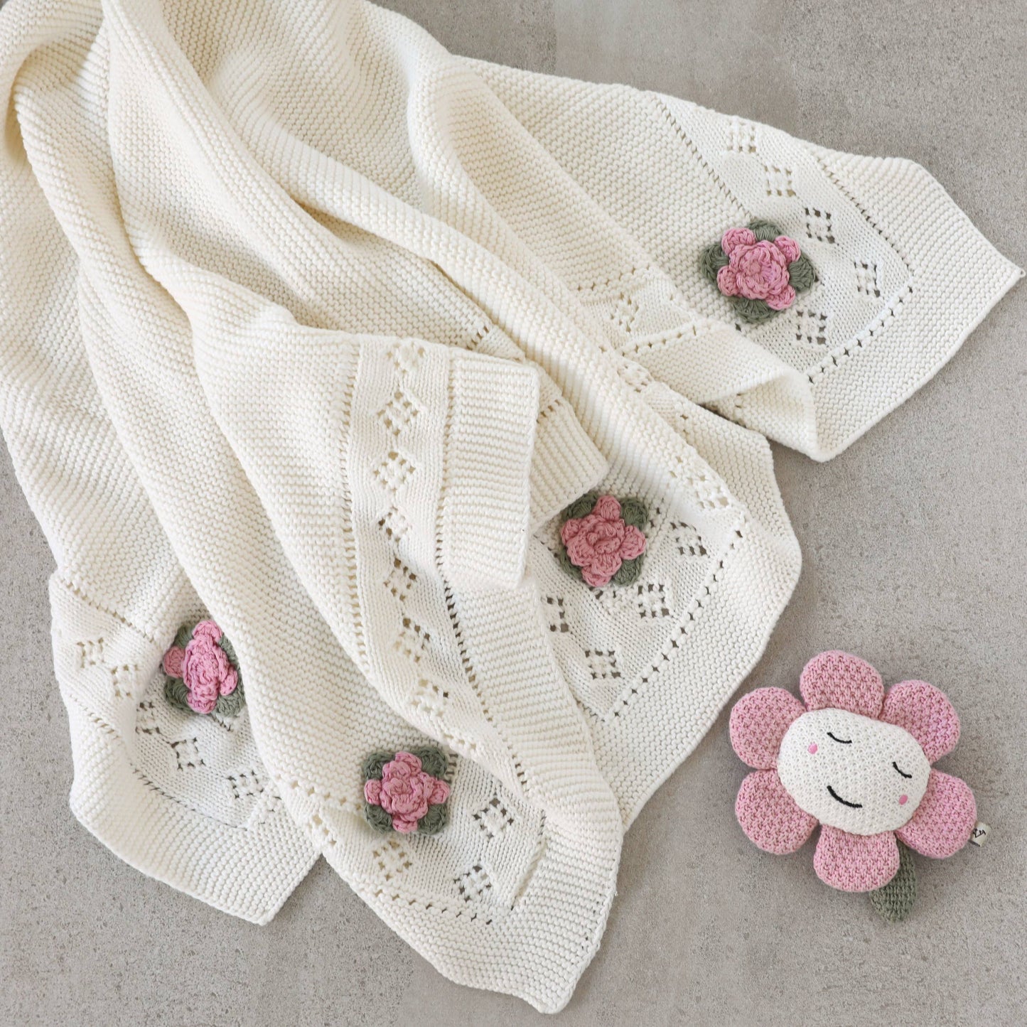 Flower Pointelle Knit Baby Blanket & Flower Rattle Gift Set