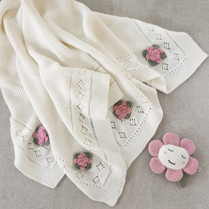 Flower Pointelle Knit Baby Blanket & Flower Rattle Gift Set