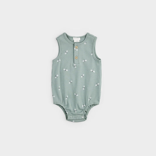 Dragonflies Print on Ribbed Silver Blue Bodysuit Romper