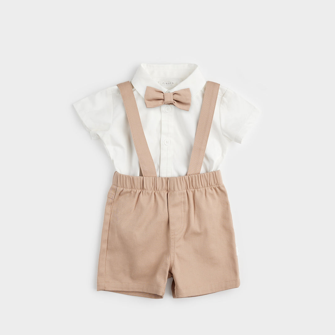 Poplin Shirt & Suspender Shorts Set with Bowtie