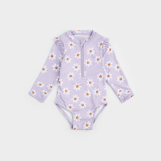 Daisy Print On Lavender Long-Sleeve Swimsuit