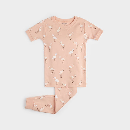 Flamingo Print on Papaya Short-Sleeved PJ Set