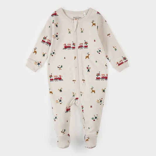 FOOTED SLEEPER KNIT-BEIGE SANTAS TRAIN