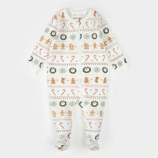 FOOTED SLEEPER KNIT-OFFWHITE CHRISTMAS WREATH