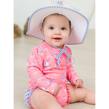 Baby Girls Pink Seas the Day Long Sleeve One Piece Rash Guard Swimsuit with Signature Rear Ruffles