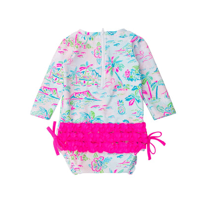 Baby Girls Tropical Resort Long Sleeve One Piece Rash Guard Swimsuit with Signature Rear Ruffles