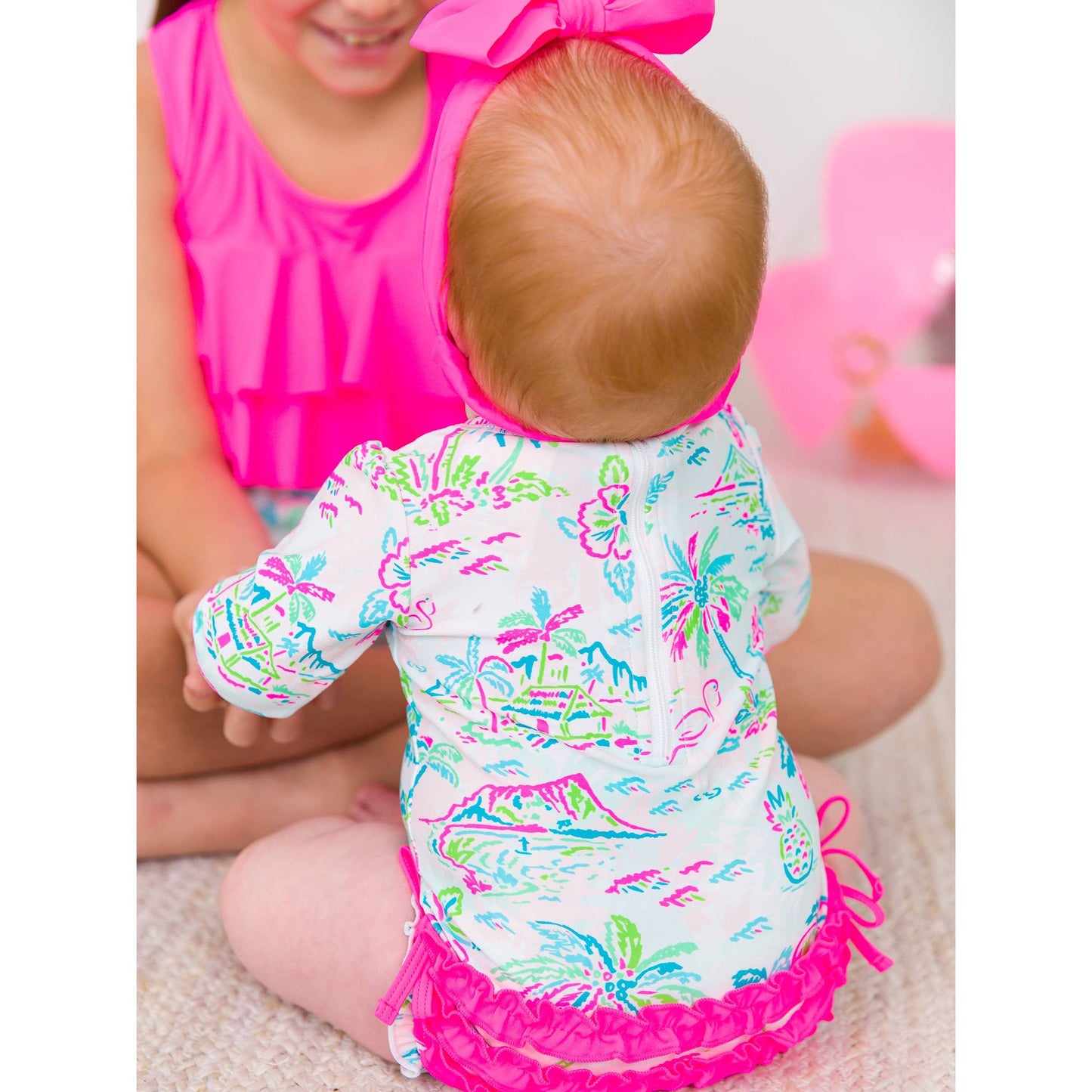 Baby Girls Tropical Resort Long Sleeve One Piece Rash Guard Swimsuit with Signature Rear Ruffles