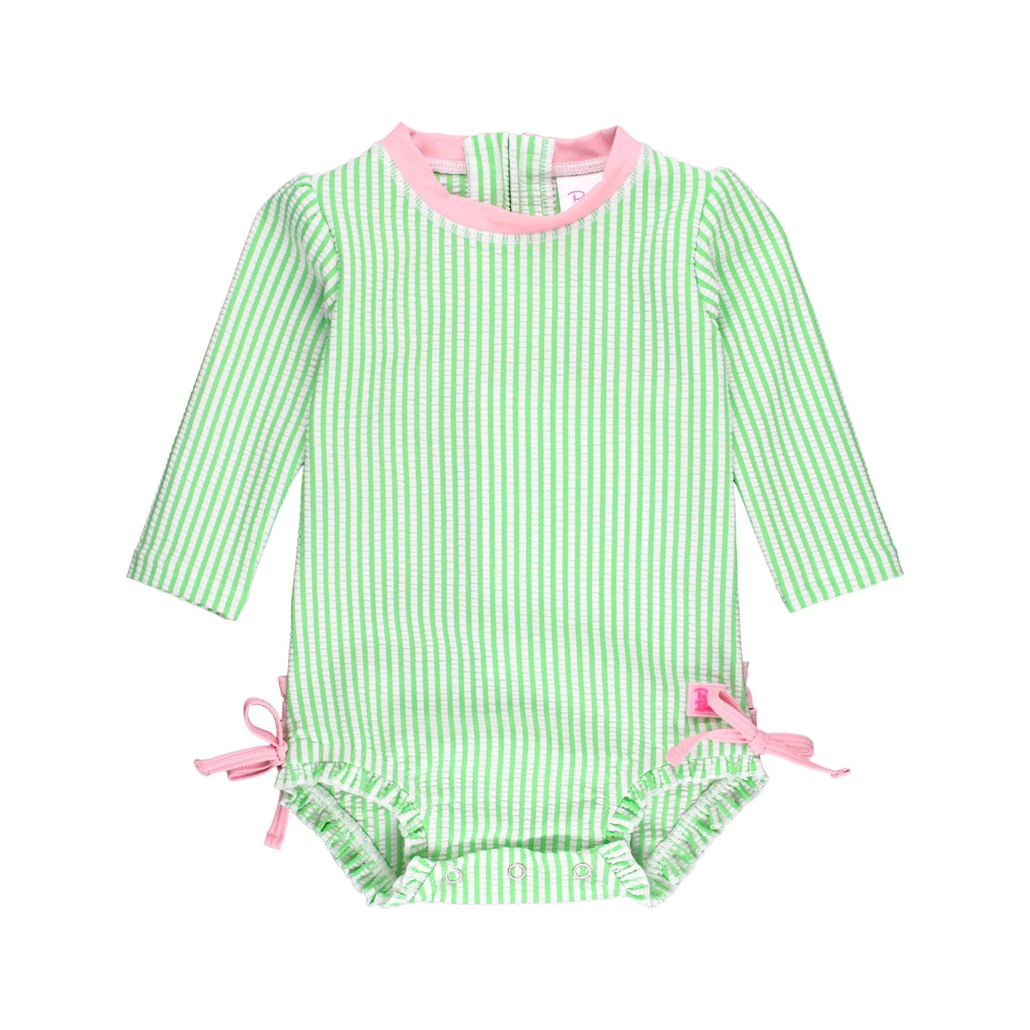 Baby Girls Spring Green Seersucker Long Sleeve One Piece Rash Guard Swimsuit with Signature Rear Ruffles