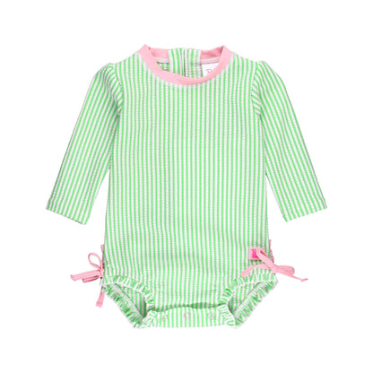 Baby Girls Spring Green Seersucker Long Sleeve One Piece Rash Guard Swimsuit with Signature Rear Ruffles