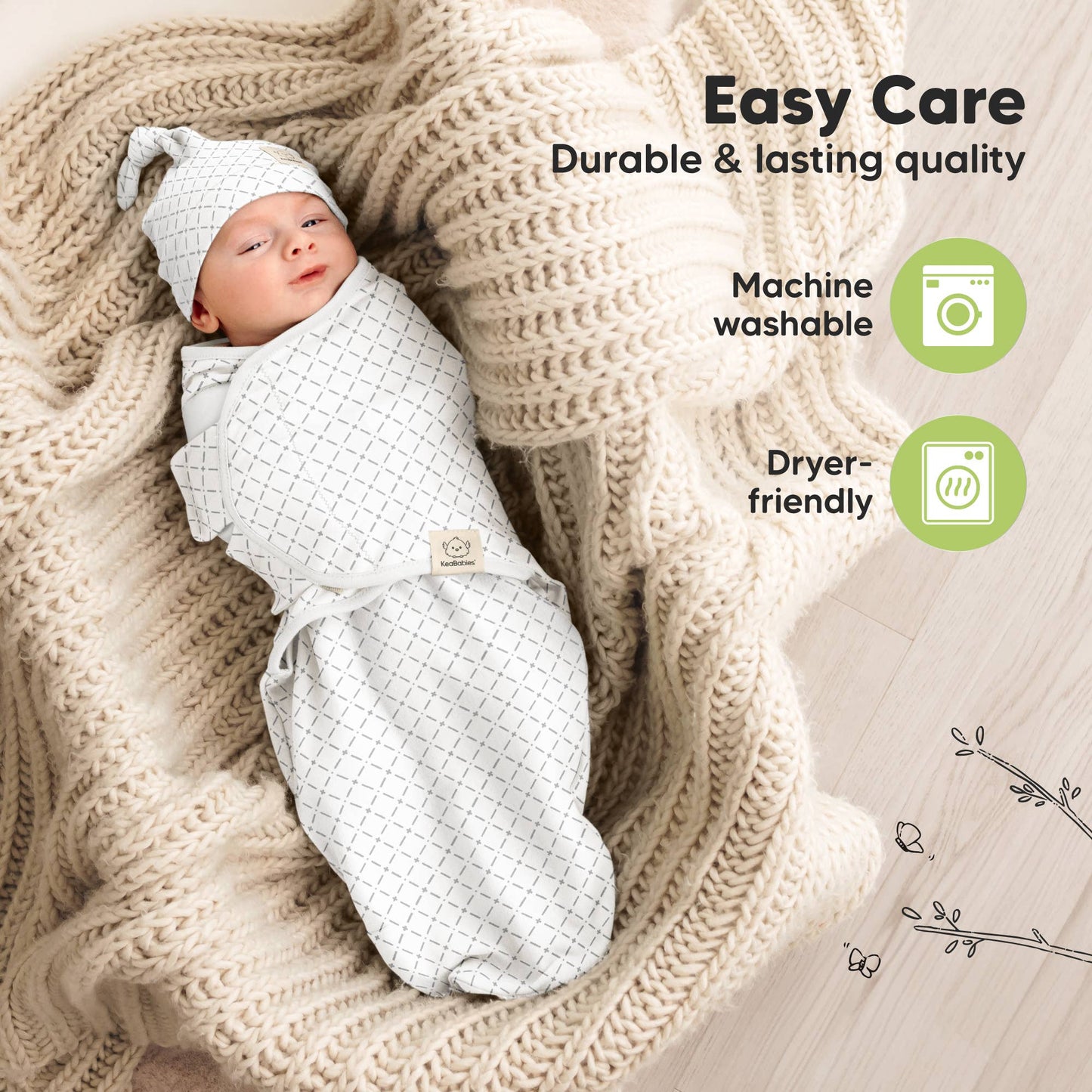 3-Pack Soothe Baby Swaddles 0-3 Months with Knot Hat