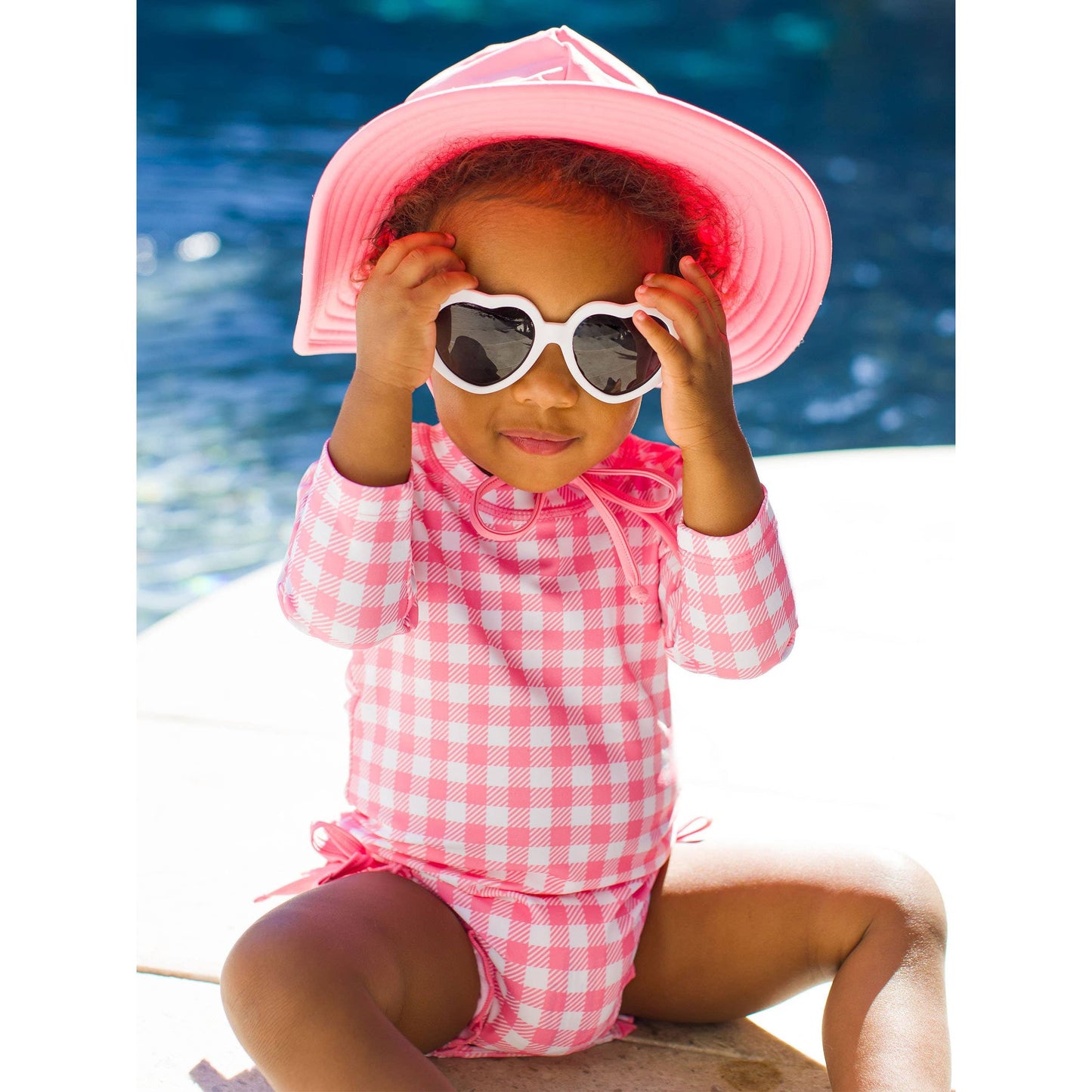 Baby Girls Bubblegum Gingham Long Sleeve One Piece Rash Guard Swimsuit with Signature Rear Ruffles